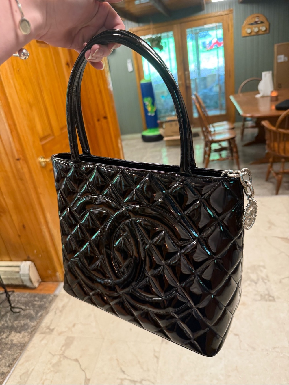 CHANEL Black Quilted Patent Shoulder Tote with Logo Charm